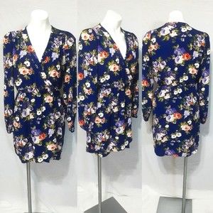Lulu’s Navy Floral Wrap Mini Dress Long Sleeve V-Neck Small Casual Boho Chic